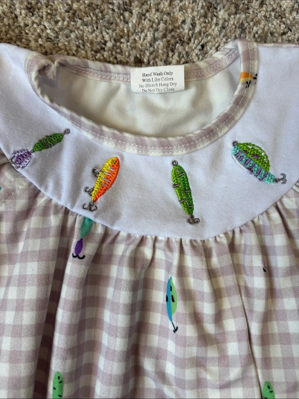 Girls Pink Gingham One-Piece Romper with Fishing Lure Embroidery